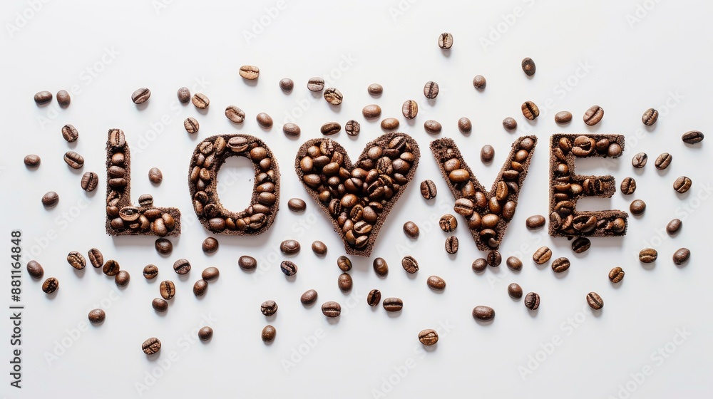 Poster spring love message with coffee beans on white background top view for messages