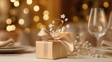 Elegant wedding menu invitation card mockup on fine dining table in upscale restaurant