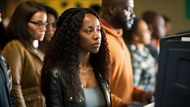 Diverse American citizens voting at a polling station during presidential elections. Concept Voting Process, Electoral Participation, Democratic Rights, Election Day, Political Engagement
