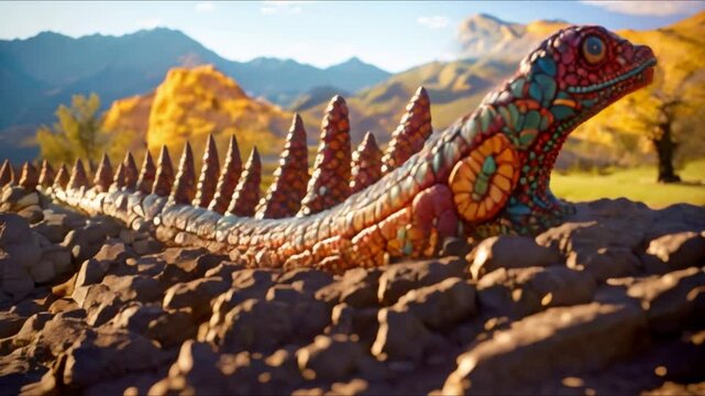 Australian Aboriginal Dreamtime Creation Story: Colorful Serpent Sculpture with Mountains, Rivers, Trees, and People. Concept Dreamtime Stories, Aboriginal Art, Colorful Sculpture