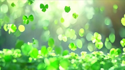 Flying Clover Leaves: St Patrick's Day Background with Greetings. Concept St Patrick's Day, Clover Leaves, Greetings, Background, Green Colors