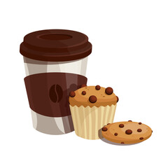 A glass of coffee with cupcake, oatmeal cookies and chocolate chips.Vector graphics.