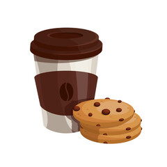 Glass of coffee with oatmeal cookies and chocolate chips.Vector graphics.