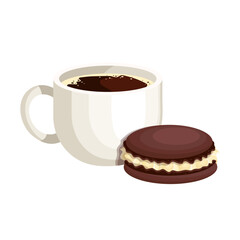 Cup of coffee with chocolate macaroon cake.Vector graphics.