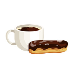 Cup of coffee with eclair cake in chocolate glaze.Vector graphics.