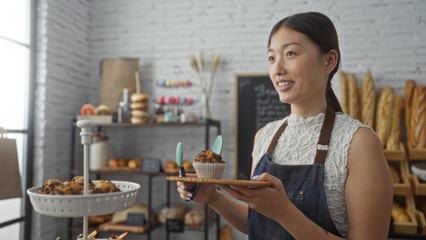 Young chinese woman in a bakery holding a plate with a muffin, surrounded by bread and other baked goods, with a bright interior featuring shelves and a chalkboard menu in the background