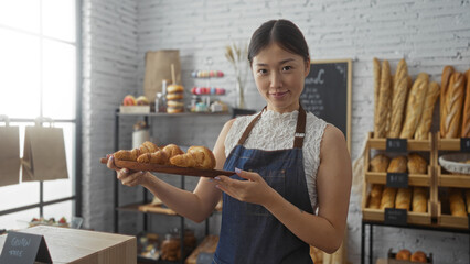 Young chinese woman holding croissants in a bakery with bread and baked goods in the background