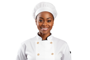 Women chef isolated on transparent background png cutouts. Images for graphic designers. Black women. Image for flyers. Topics related to cooking. Cooking world. Job offer. Recruitment. Africa.