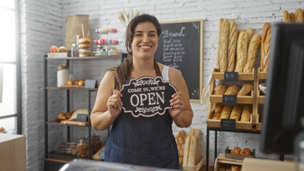 Smiling woman holds open sign in bakery surrounded by bread and pastries indicating the shop is...