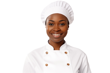 Women chef isolated on transparent background png cutouts. Images for graphic designers. Black women. Image for flyers. Topics related to cooking. Cooking world. Job offer. Recruitment. Africa.