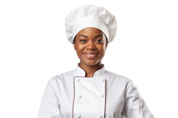 Women chef isolated on transparent background png cutouts. Images for graphic designers. Black women. Image for flyers. Topics related to cooking. Cooking world. Job offer. Recruitment. Africa.