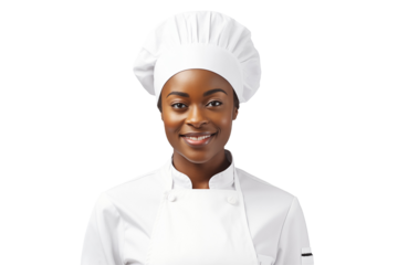 Women chef isolated on transparent background png cutouts. Images for graphic designers. Black women. Image for flyers. Topics related to cooking. Cooking world. Job offer. Recruitment. Africa.