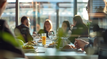 Corporate Breakfast Meeting: Colleagues Dining and Networking in Contemporary Office with Urban View