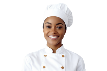 Women chef isolated on transparent background png cutouts. Images for graphic designers. Black women. Image for flyers. Topics related to cooking. Cooking world. Job offer. Recruitment. Africa.
