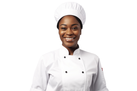 Women chef isolated on transparent background png cutouts. Images for graphic designers. Black women. Image for flyers. Topics related to cooking. Cooking world. Job offer. Recruitment. Africa.