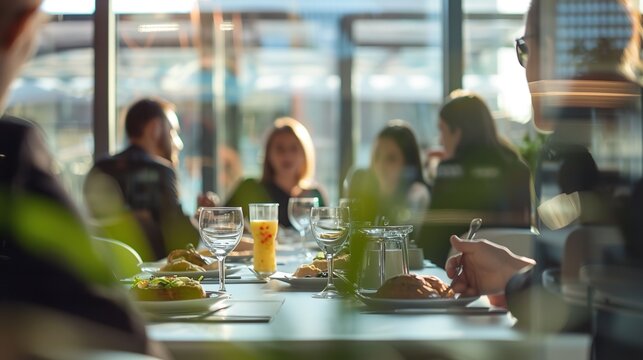 Corporate Breakfast Meeting: Colleagues Dining and Networking in Contemporary Office with Urban View