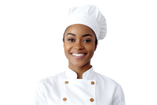 Women chef isolated on transparent background png cutouts. Images for graphic designers. Black women. Image for flyers. Topics related to cooking. Cooking world. Job offer. Recruitment. Africa.