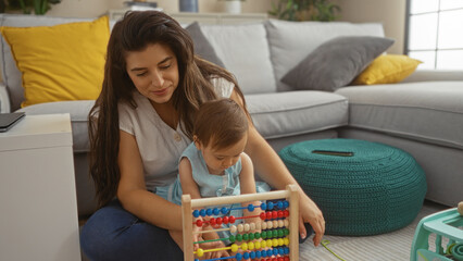 Woman playing with her daughter using an abacus in a cozy living room, showcasing family love and learning at home