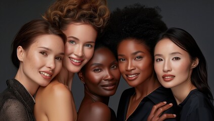 Fototapeta premium A group of women each representing different skin tones and hair textures are smiling at the camera with perfect makeup and smooth complexions.