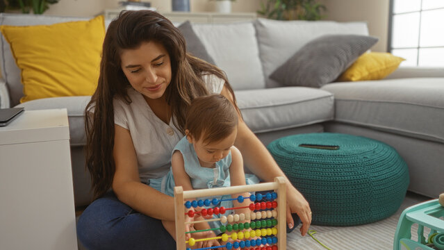 Woman playing with her daughter using an abacus in a cozy living room, showcasing family love and learning at home