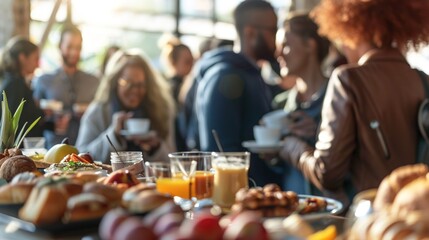 Community Breakfast Gathering with Diverse Group of People Enjoying Meal in Vibrant Ambiance