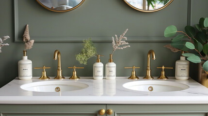 Elegant olive green bathroom interior with double sinks and gold faucets luxury design concept with copy spcae