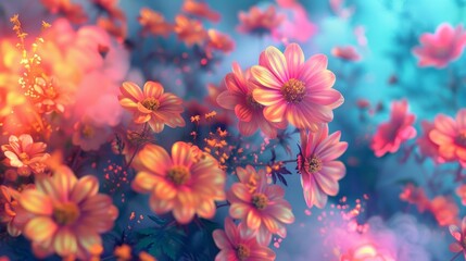 A colorful flower arrangement with a blue sky background. The flowers are in various shades of pink and purple, and the sky is filled with fluffy white clouds. Scene is cheerful and uplifting