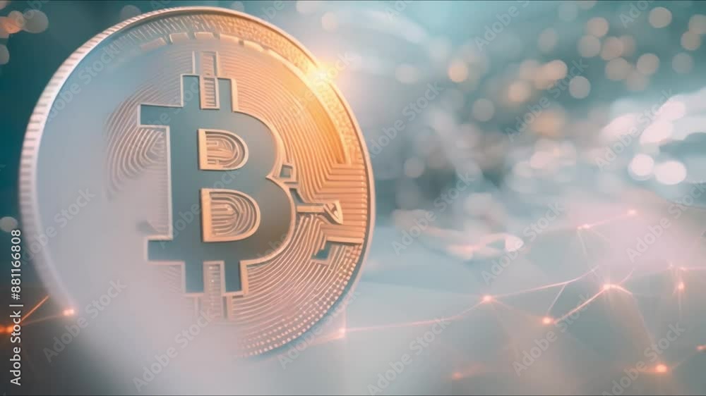 Poster symbolic representation of cryptocurrency value through floating golden bitcoin cubes on digital gri