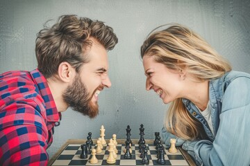 A man and a woman face each other across a chessboard, their expressions intense and focused as they engage in a heated game