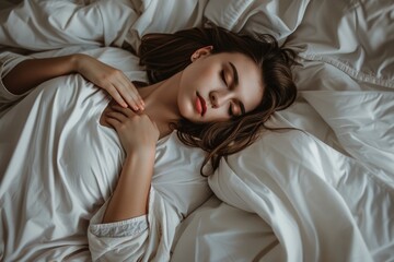 Naklejka premium A young woman sleeps soundly in a bed, her long hair cascading over the white sheets