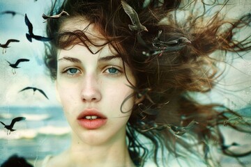 A young woman gazes directly at the viewer with a stoic expression as birds fly through her windblown hair