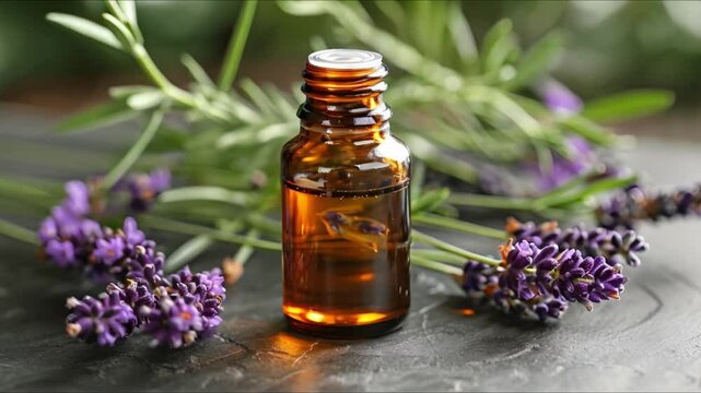 Glass bottle of lavender essential oil with fresh lavender flowers for aromatherapy. Concept Aromatherapy, Lavender Oil, Essential Oils, Relaxation, Natural Remedies