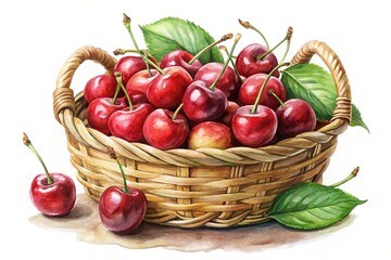 Cherry in a basket isolated. Cherry on white. Cherries. With clipping path.
