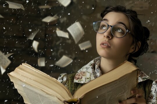 A young woman gazes upwards as pages from a book float around her, lost in a world of imagination and stories