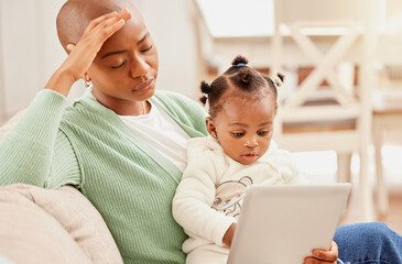 Headache, technology and mom with baby in home watching education video for child development....