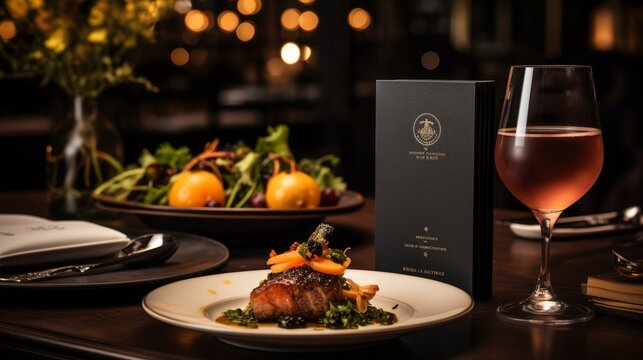 Elegant wedding menu invitation card mockup on fine dining table in upscale restaurant