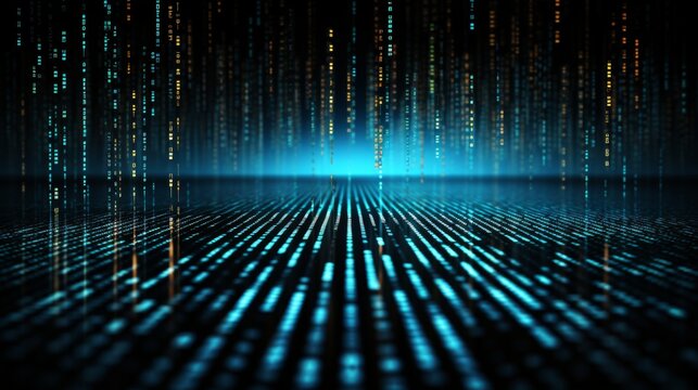 Blue binary code on dark backdrop representing information technology and digital communication