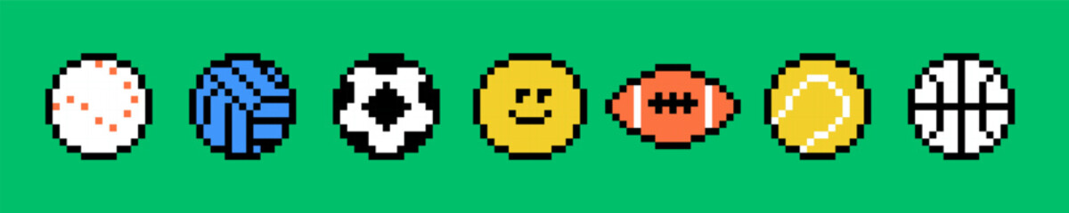Soccer, tennis, baseball, football, basketball, volleyball icon set. Play balls pixel art pattern.Y2k trendy playful pixelated stickers. Mood of 90's aesthetics. 8-bit retro style vector illustration