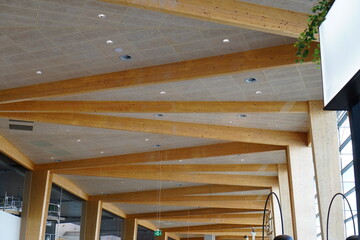 Close up of wooden beams on the ceiling. Lighting and ventilation spots.