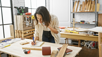 A young hispanic woman works diligently in a bright carpentry workshop, surrounded by tools and wood.