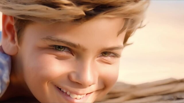 Portrait of a joyful European boy with a swollen eye from an insect bite. Concept Children Photography, Insect Bites, Swollen Eye, Portrait Photography, European Boy