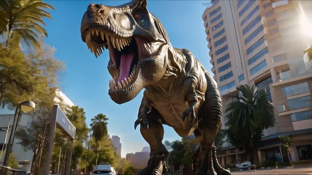 A wild Tyrannosaurus Rex appears in the city creating a surreal scene. Concept Dinosaurs, Cityscape, Surreal, Fantasy, Wildlife
