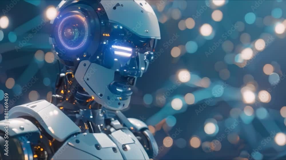 Poster a futuristic robot using ai to learn about culture and society in order to mimic human behavior. con