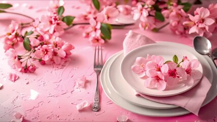 Elegant pastel floral table setting on pink background for invitations and celebrations. Concept Pastel Floral, Table Setting, Pink Background, Invitations, Celebrations