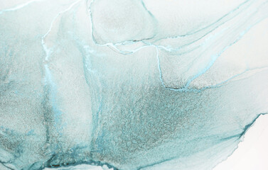 An abstract watercolor painting featuring a tranquil blend of aqua, blue, and white hues. The swirling patterns create a calming and ethereal effect