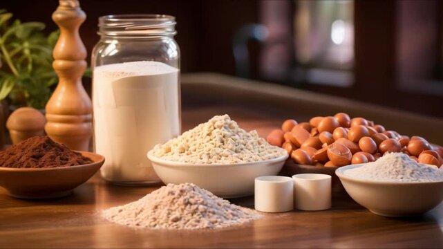 Protein Options Displayed on Wooden Surface with Gym Equipment in Background. Concept Fitness Display, Wooden Surface, Gym Equipment, Protein Options, Healthy Lifestyle