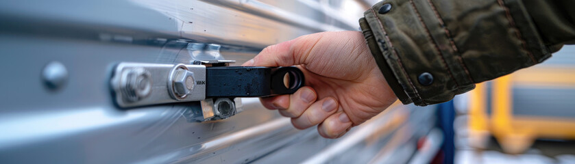 Close-up of Hand Securing Metal Lock on Industrial Container with Bolt Mechanism