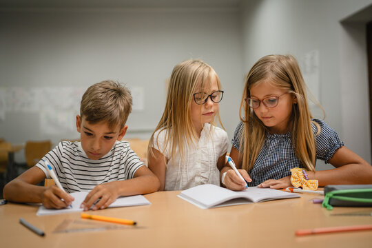 Young friends student do tasks and write on notebook on the class