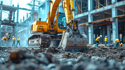 Fototapeta premium Construction Site with Heavy Machinery and Workers in Safety Gear Building Modern Infrastructure