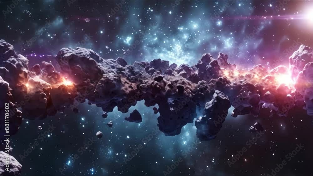 Poster exploring a majestic asteroid field in deep space: a stunning flight through the cosmos. concept ast